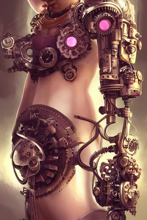 Prompt: retrofuturistic female android, steampunk, gears, detailed mechanical parts, painting by artgerm beeple julie bell