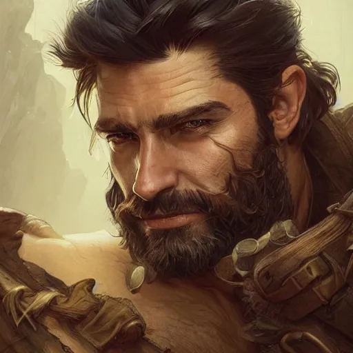 Image similar to portrait of a young, ruggedly handsome ranger, muscular, half body, leather, hairy, d & d, fantasy, intricate, elegant, highly detailed, digital painting, artstation, concept art, smooth, sharp focus, illustration, art by artgerm and greg rutkowski and alphonse mucha