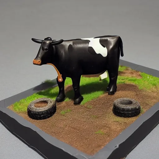 Prompt: Cow wearing a car tire, painted wargaming miniature