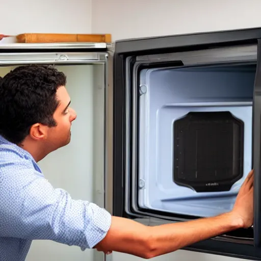 Prompt: man trying to enter inside a microwave