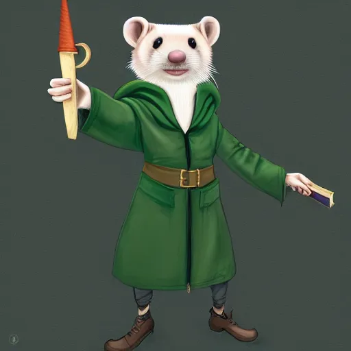 Image similar to a anthropomorphic ferret is dressed as a hogwarts student in slytherin robes, hyperdetailed, artstation, cgsociety, 8 k