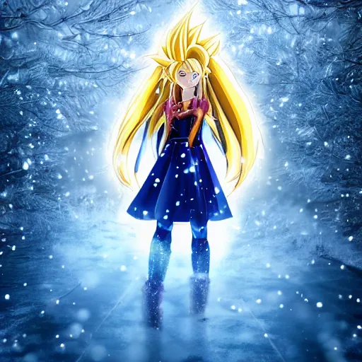 Image similar to portrait focus of super saiyan beautiful 3 d anime girl posing, frozen ice dark forest background, snowing, bokeh, inspired by masami kurumada