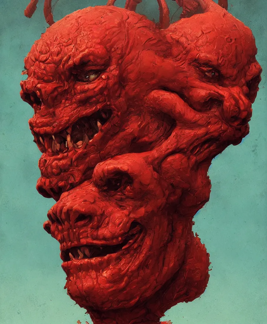 Image similar to bust portrait close up red devil, illustrated by Simon Stålenhag and Gaston Bussiere, intricate, ultra detailed, photorealistic, trending on artstation