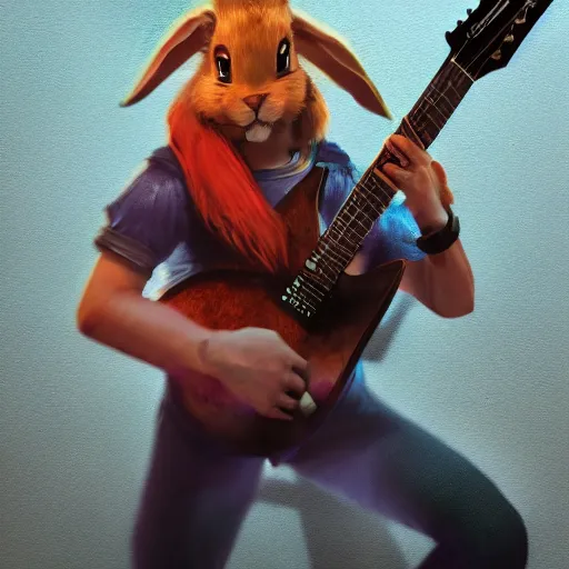 Image similar to An epic fantasy comic book style portrait painting of a bunny playing the guitar, unreal 5, DAZ, hyperrealistic, octane render, cosplay, RPG portrait, dynamic lighting