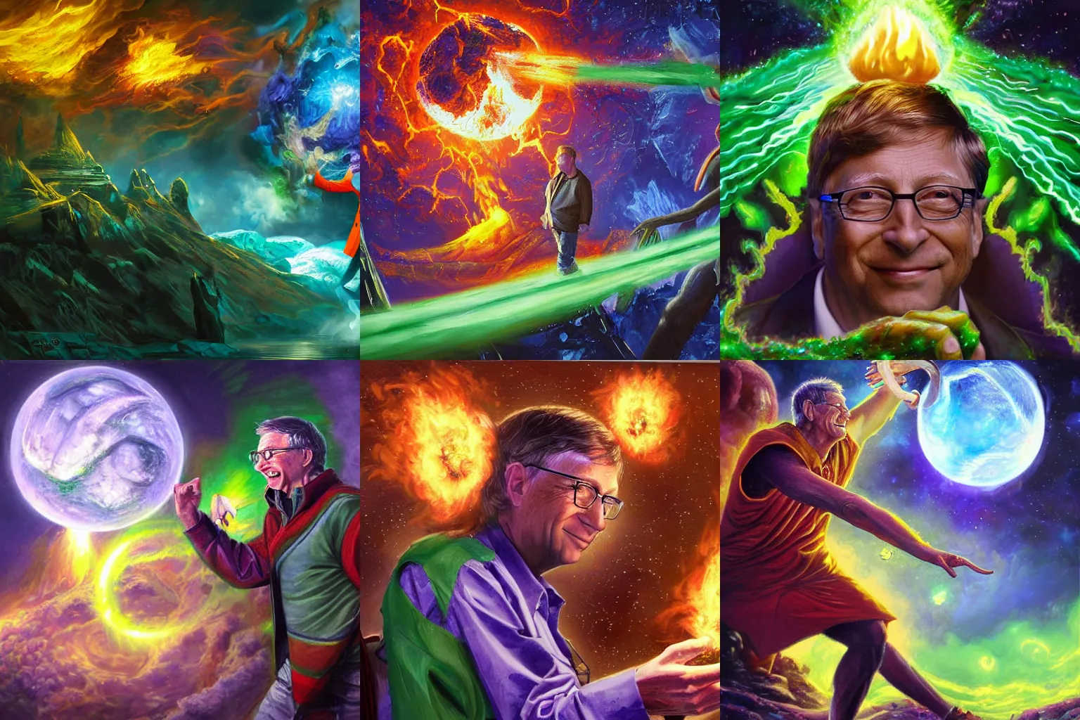 Prompt: highly detailed oil painting, concept art, bill gates casting a fireball spell, fighting against a huge ice giant, green and purple color scheme, concept art, highly detailed indian art style