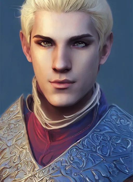 Image similar to male priest blonde parted hair healer, dndbeyond, bright, colourful, realistic, dnd character portrait, full body, pathfinder, pinterest, art by ralph horsley, dnd, rpg, lotr game design fanart by concept art, behance hd, artstation, deviantart, global illumination radiating a glowing aura global illumination ray tracing hdr render in unreal engine 5