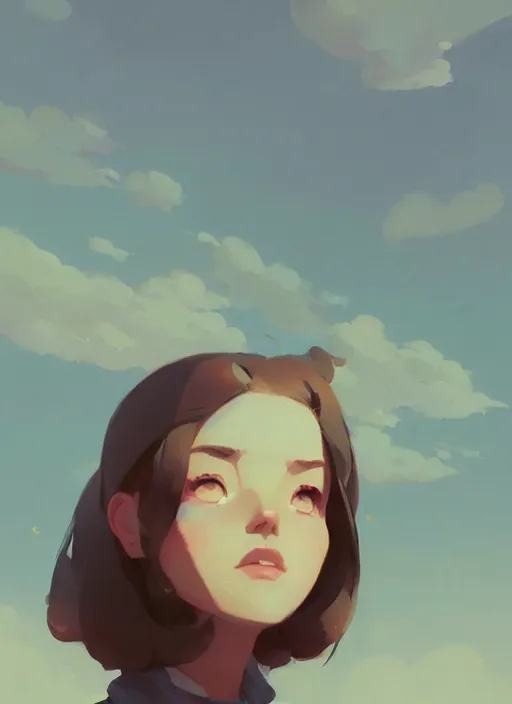 Image similar to portrait of cute girl, cloud sky background, by atey ghailan, by greg rutkowski, by greg tocchini, by james gilleard, by joe gb fenton, by kaethe butcher, dynamic lighting, gradient light blue, brown, blonde cream and white color in scheme, grunge aesthetic