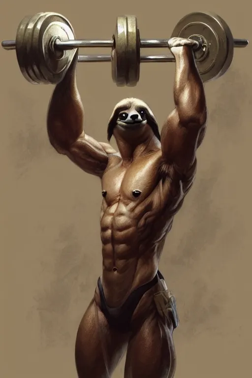 Image similar to anthro sloth lifting weights, dim dingy gym, dynamic pose, fantasy, intricate, elegant, highly detailed, digital painting, artstation, concept art, matte, sharp focus, illustration, art by artgerm and greg rutkowski and alphonse mucha