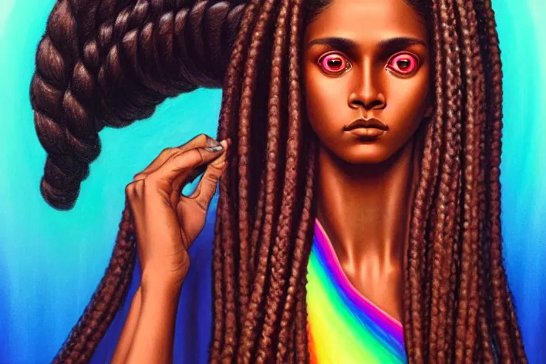 Prompt: patron saint of 🫀🌈👩🏿🦱, brown skin, long braids, perfect face, futuristic flowing gown, neon god of city character portrait, in the style of margaret keane, moebius, tom bagshaw, and waterhouse, cinematic, beautiful, elegant, acrylic, sharp focus,