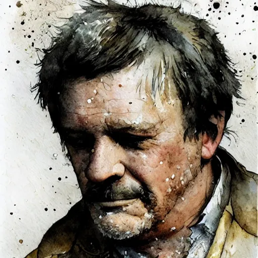 Prompt: middle-aged guy by Jean-Baptiste Monge, profile, post processing, painterly, book illustration watercolor granular splatter dripping paper texture. Trending on artstation, post processing, pen and ink work. sharp focus