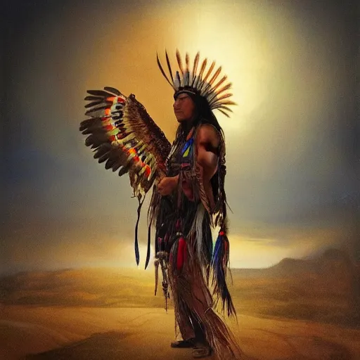 Prompt: ! dream a native american shaman turned into an eagle, artstation, magical atmosphere, realistic, rembrandt painting, desert environment, alchemy