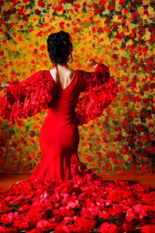 Image similar to detailedoil painting of spanish flamenco dancer in mallorca wearing a red dress made of flowers, dimly lit by candles on the ground, looking away, dark shadows, photo realistic, extreme detail skin, no filter, slr, 4 k, high definition