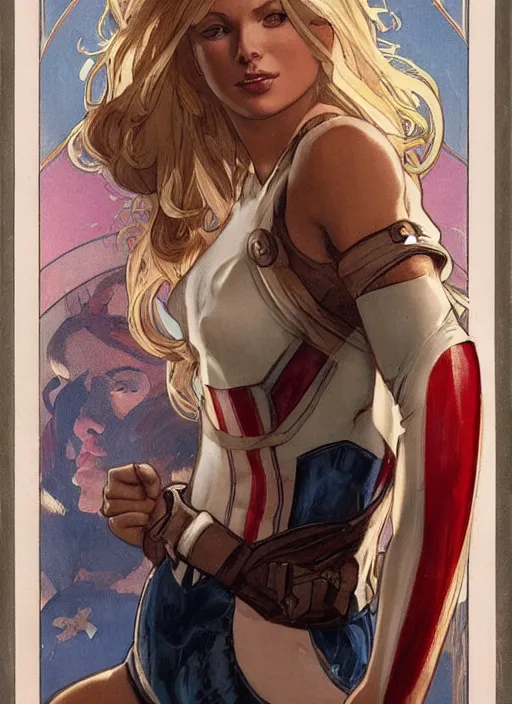 Image similar to toned young april with a mischievous face and extremely long blonde wavy hair dressed as superhero in her early twenties, posing with arms tucked behind back, captain america, tight fit, curvaceous, intricate detailed face, shiny, greg rutkowski, alphonse mucha