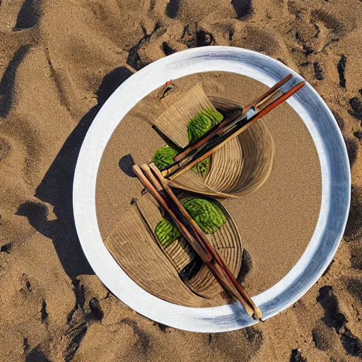 Image similar to two stretched out woks on a beach, photorealistic, 8k