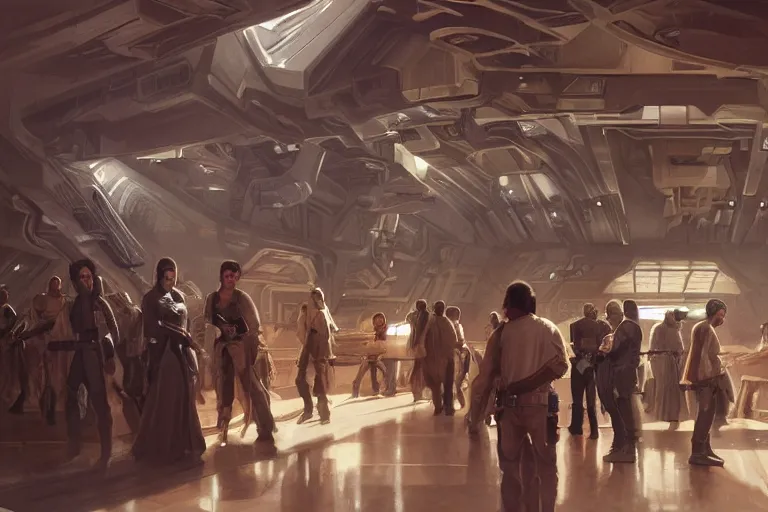 Prompt: ultra realistic illustration, cantina interior from star wars and star trek, intricate, elegant, highly detailed, digital painting, artstation, concept art, smooth, sharp focus, illustration, art by artgerm and greg rutkowski and alphonse mucha