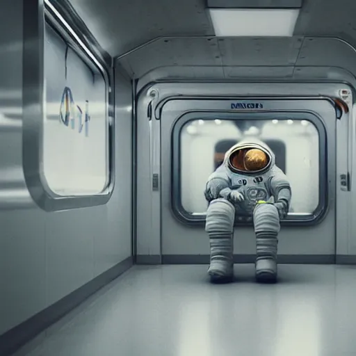 Image similar to a beautiful photo of an astronaut waiting in a subway, 1970', soft light, morning light, photorealistic, realistic, octane, 8k, cinematic shot