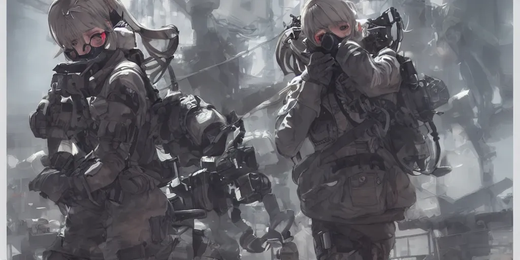 Image similar to girl silver hair, multicam, gas mask, realistic illustration by Yoji Shinkawa and Krenz Cushart, cinematic portrait