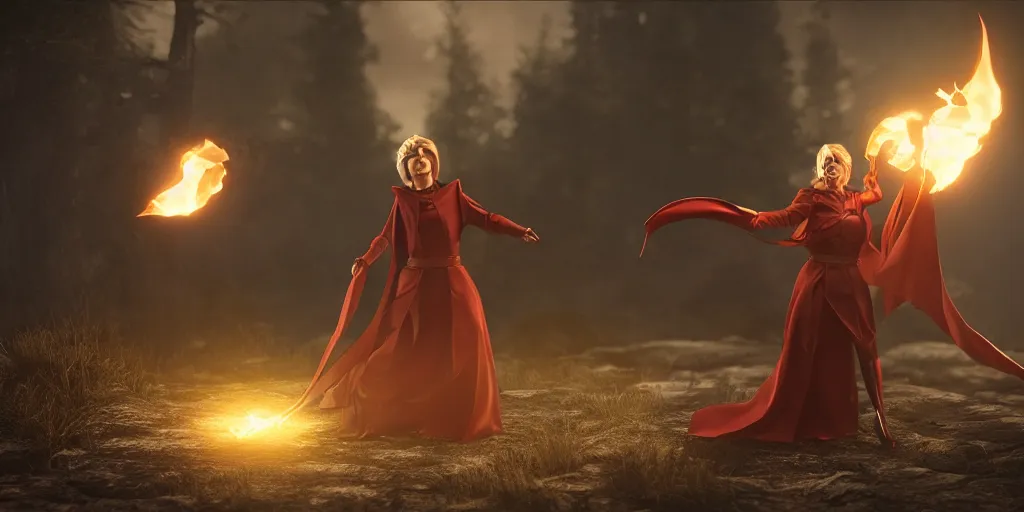 Image similar to hilary clinton as an evil elven princes casting a fireball anime style, moody lighting, octane render