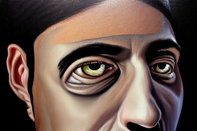 Image similar to frank the ai painter self portrait, detailed eyes, photorealistic