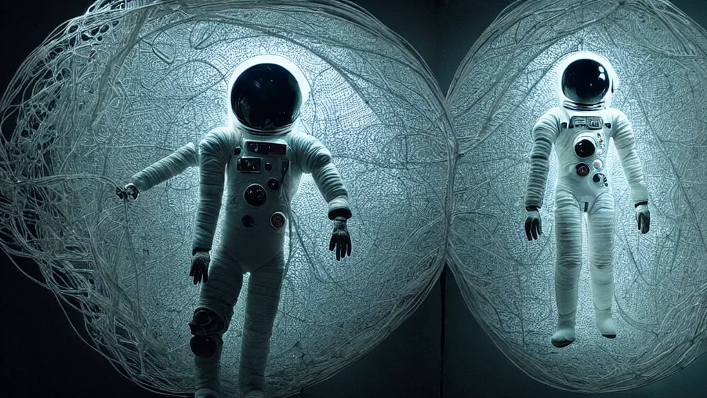 Image similar to a cybernetic symbiosis of a single astronaut eva suit made of wearing knitted yarn thread infected with diamond 3d fractal lace iridescent bubble 3d skin covered with insectoid compound eye camera lenses floats through the living room, film still from the movie directed by Denis Villeneuve with art direction by Salvador Dalí, wide lens,