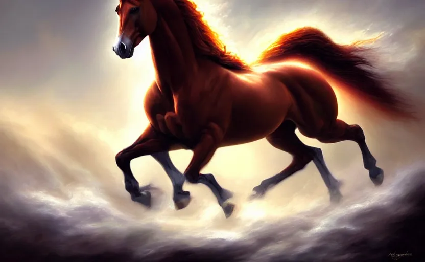 Image similar to a masterpiece oil painting of a proud horse galloping. wide angle, fantasy art, heroic lighting, by artgerm, fog, finger of god, amazing wallpaper