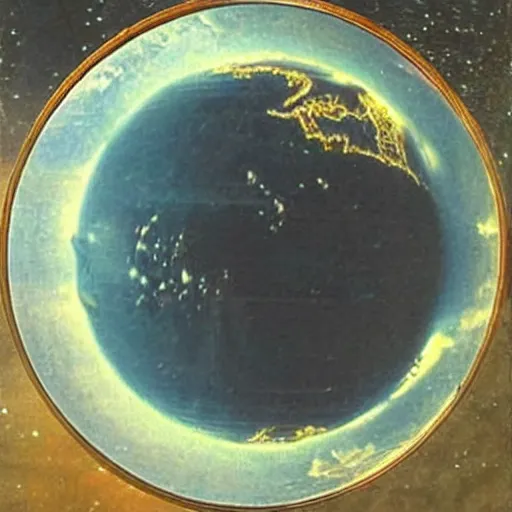 Prompt: 1820s photo from space of 🌎 inside a oil bubble, damaged, NASA