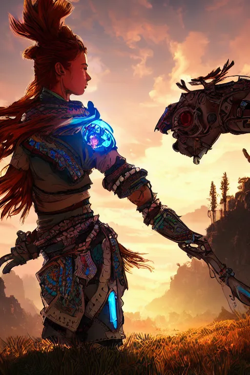 Image similar to combination suit armor aloy horizon forbidden west horizon zero dawn radiating a glowing aura global illumination ray tracing hdr fanart arstation by ian pesty and alena aenami artworks in 4 k tribal robot ninja mask helmet backpack