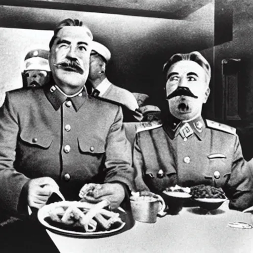 Image similar to joseph stalin enjoying a happy meal at mcdonald's, colored, 8 k, hyperdetailed