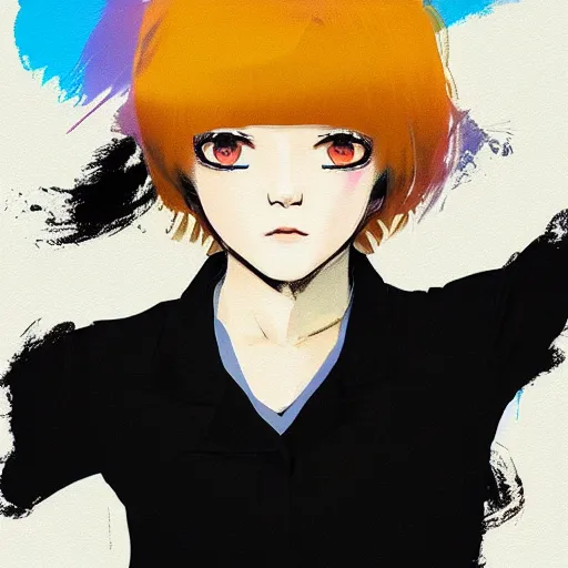 Image similar to ilya kuvshinov with long sky blue hair, gold eyes, amber eyes, boyish face, professional digital painting, wild brush strokes, concept art, award - winning photography, cinematic, black background, black shirt, crazy, yandere, wlop, color block, pop, hip, art by andy warhol, pixiv art, yoshitaka amano