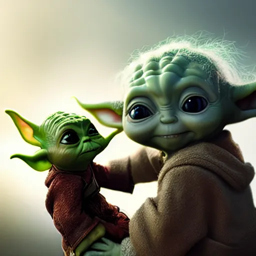 Prompt: baby yoda ( 2 0 2 1 ) and baby groot ( 2 0 1 7 ) are friends. photorealistic, digital art, epic fantasy, dramatic lighting, cinematic, extremely high detail, cinematic lighting, trending, artstation, cgsociety, 3 d ue 5, 4 k, hq