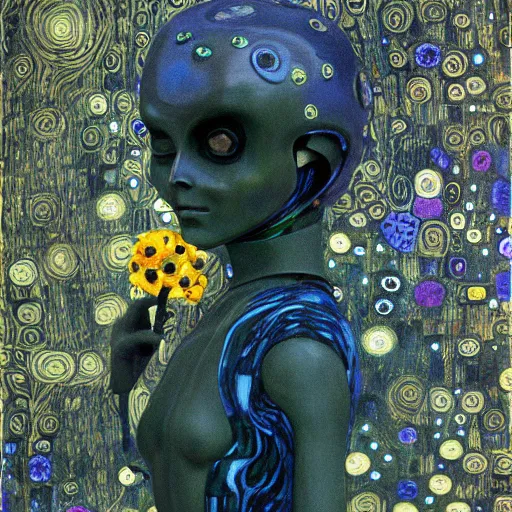 Prompt: robot from alien planet holding a flower painted by klimt