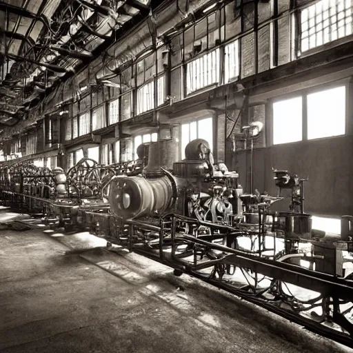 Image similar to an industrial age steam engine factory, photography