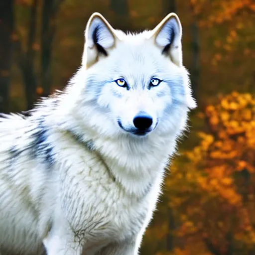 Image similar to white wolf with blue eyes stands in a dormant autumn forest, no yellow color in eyes, no yellow color, realistic