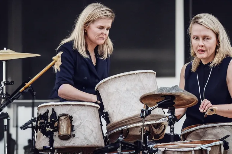 Prompt: A photo of The Prime Minister of Sweden, Magdalena Andersson, playing a drums on stage. natural colors, character photography, Exquisite detail, post-processing, masterpiece, photorealistic