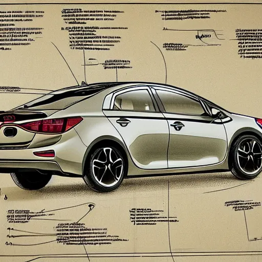 Image similar to leonardo de vincis detailed schematics of a kia forte, drawn