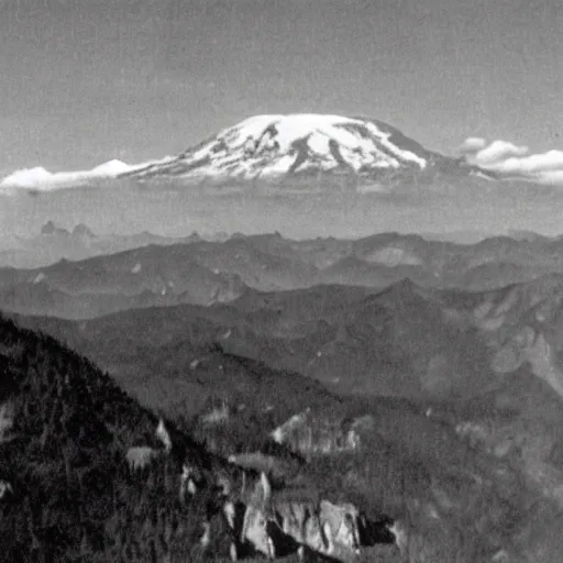 Prompt: The Kenneth Arnold UFO sighting occurred on June 24, 1947, when private pilot Kenneth Arnold claimed that he saw a string of nine, shiny unidentified flying objects flying past Mount Rainier at speeds that Arnold estimated at a minimum of 1,200 miles an hour, 1947 photo