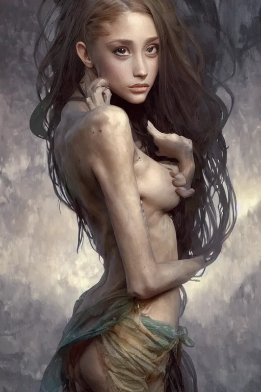 Image similar to malnourished cottagecore anorexic Ariana Grande , unhealthy skinny, sad and unhealthy, intricate, elegant, highly detailed, digital painting, artstation, concept art, smooth, sharp, focus, illustration, art by artgerm and greg rutkowski and alphonse mucha