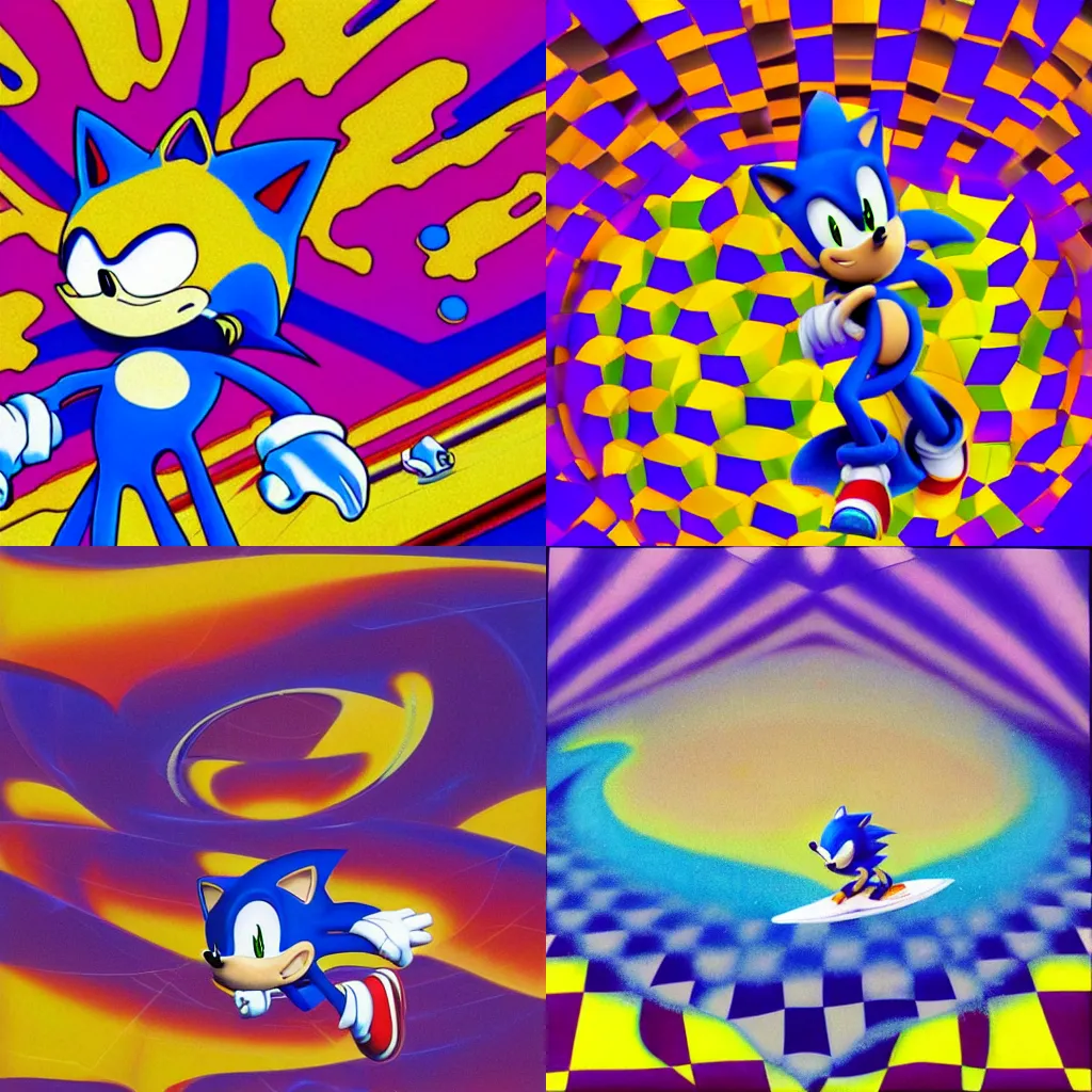 Prompt: sonic the hedgehog in a recursive surreal, sharp, detailed professional, high quality airbrush art MGMT tame impala album cover of a liquid dissolving LSD DMT sonic the hedgehog surfing through cyberspace, purple checkerboard background, 1990s 1992 Sega Genesis video game album cover,