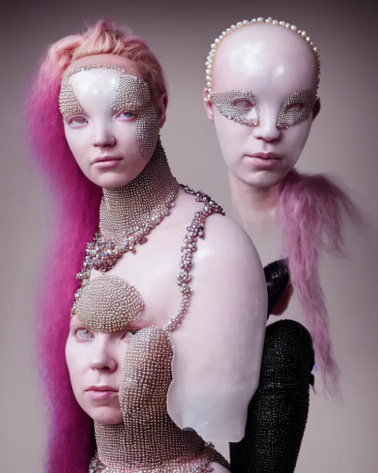 Image similar to portrait of a ethereal byzantine goddess wearing a big pearl studded iridescent beauty mask and pink hair buns, wearing a black bodysuit by alexander mcqueen, cream white background, soft diffused light, biotechnology, humanoid robot, perfectly symmetric, bjork aesthetic, translucent, by rineke dijkstra, intricate details, highly detailed, masterpiece,