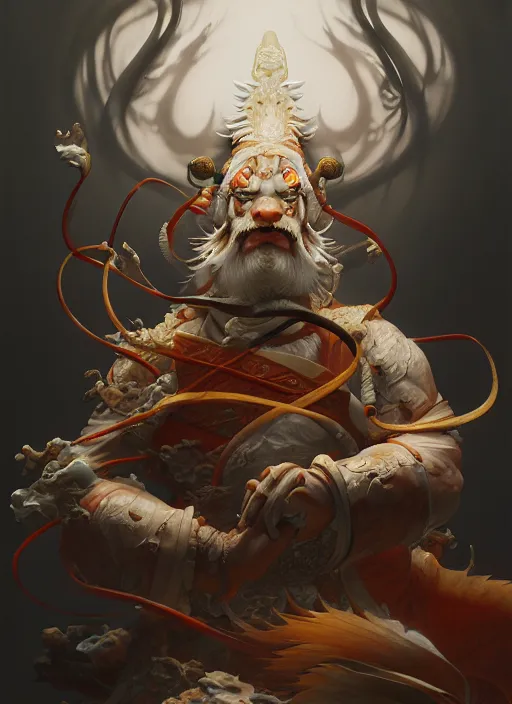 Prompt: subsurface scattering, white, koi, samurai deity with four arms, by jesper ejsing, justin gerard, tomasz alen kopera, cgsociety and fenghua zhong, highly detailed, rim light, cinematic lighting, illustration, art, octane render, very coherent, cinematic, hyper realism, high detail, octane render, 8 k