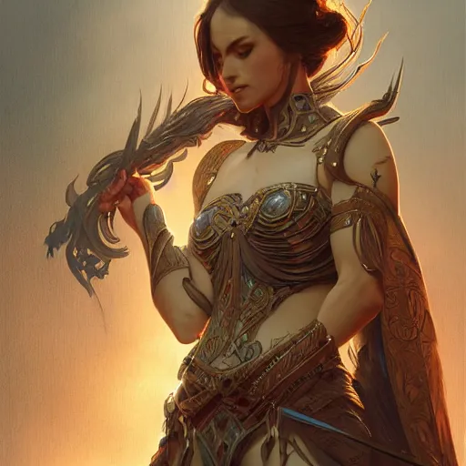 Prompt: fullbody portrait of a fantasy female warrior, intricate, elegant, highly detailed, digital painting, artstation, concept art, matte, sharp focus, illustration, art by Artgerm and Greg Rutkowski and Alphonse Mucha