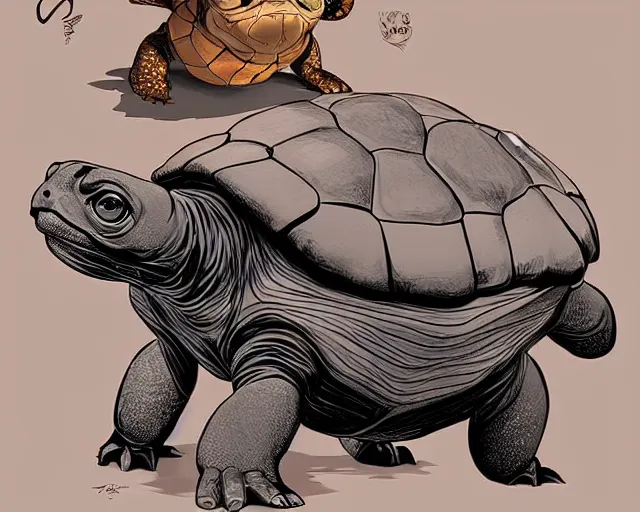 Prompt: cell shaded cartoon of a baby turtle with a bulldog's head, concept art by josan gonzales and wlop, by james jean, victo ngai, david rubin, mike mignola, deviantart, art by artgem