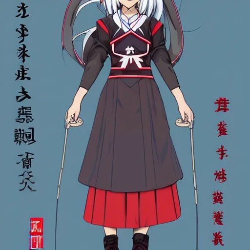 Prompt: dr. eirin yagokoro is a tall female lunarian sage appearing in her late thirties with dark grey eyes and long white hair in a large single braid. she wears a red and blue two - tone dress decorated with constellations and wears a matching nurse cap