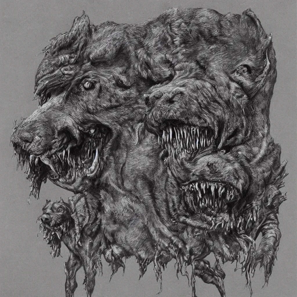 Image similar to horrifying and demonic dog with fangs, in the style of zdislaw beksinski