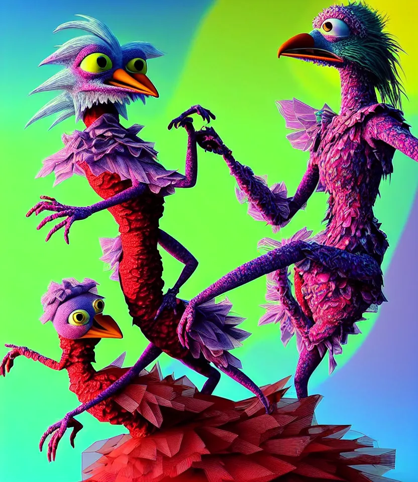 Image similar to hyper detailed 3d render like a Oil painting - kawaii portrait of hopeful lovers hugging tight or kissing pecking adorably Aurora (a beautiful girl skeksis muppet fae princess protective playful expressive acrobatic from dark crystal that looks like Anya Taylor-Joy) seen red carpet photoshoot in UVIVF posing in scaly dress to Eat of the Strangling network of yellowcake aerochrome and milky Fruit and His delicate Hands hold of gossamer polyp blossoms bring iridescent fungal flowers whose spores black the foolish stars by Jacek Yerka, Ilya Kuvshinov, Mariusz Lewandowski, Houdini algorithmic generative render, golen ratio, Abstract brush strokes, Masterpiece, Edward Hopper and James Gilleard, Zdzislaw Beksinski, Mark Ryden, Wolfgang Lettl, hints of Yayoi Kasuma and Dr. Seuss, Grant Wood, octane render, 8k