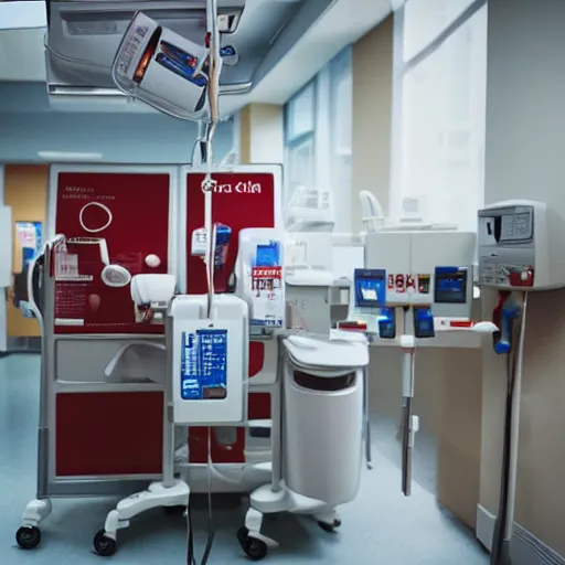 Image similar to a coffee blood transfusion, scene inside a hospital