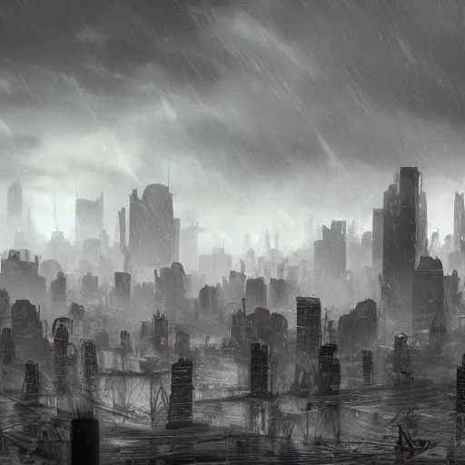 Prompt: Trending on Artstation, Dark and rainy mega city with towering walls built to block the migrants of the coming climate change migrant crisis showing piles of hundred bodies outside to maintain a quality of life for those who can survive the severe and deadly weather patterns observing small children targeted by advanced military style drones, dystopian, concept art illustration, tilt shift background, wide depth of field, 8k, 35mm film grain