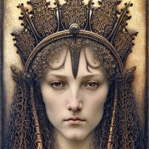 Prompt: detailed realistic beautiful young medieval queen face portrait by jean delville, gustave dore and marco mazzoni, art nouveau, symbolist, visionary, gothic, pre - raphaelite, art forms of nature by ernst haeckel, memento mori by zdzisław beksinski, horizontal symmetry