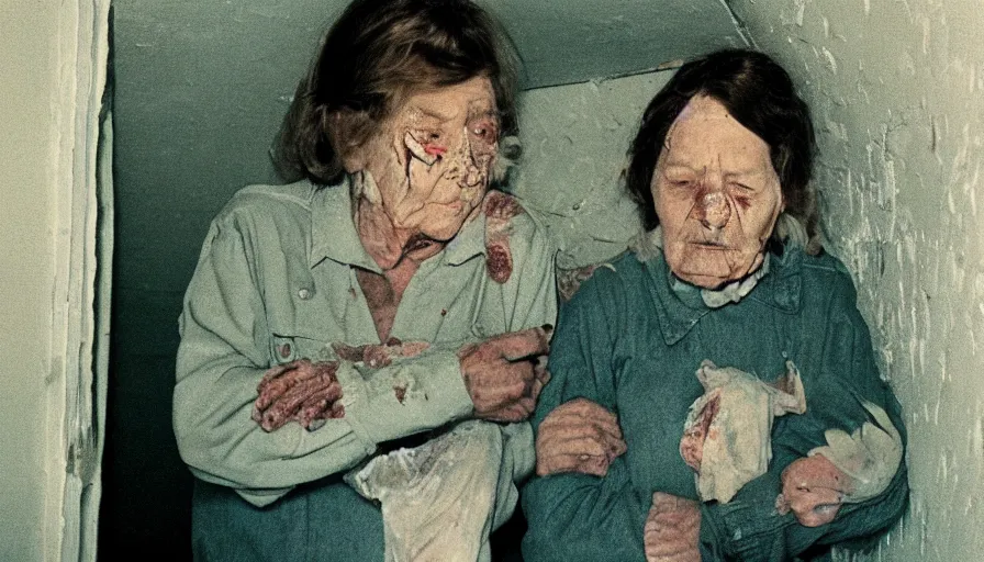 Image similar to 7 0 s film still from a horror movie with elderly people crying inside of an attic, kodachrome, cinecolor, cinestill, photorealism, cinematic, film grain, film texture, vhs recording