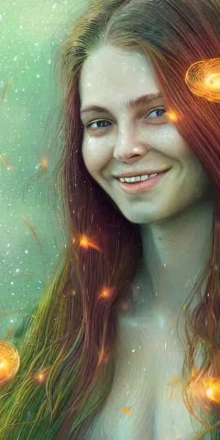 Image similar to infp young woman, smiling amazed, golden fireflies lights, sitting in the midst of nature fully covered, long loose red hair, intricate linework, green eyes, small nose with freckles, oval shape face, realistic, expressive emotions, dramatic lights spiritual scene, hyper realistic ultrafine art by michael cheval, jessica rossier, boris vallejo